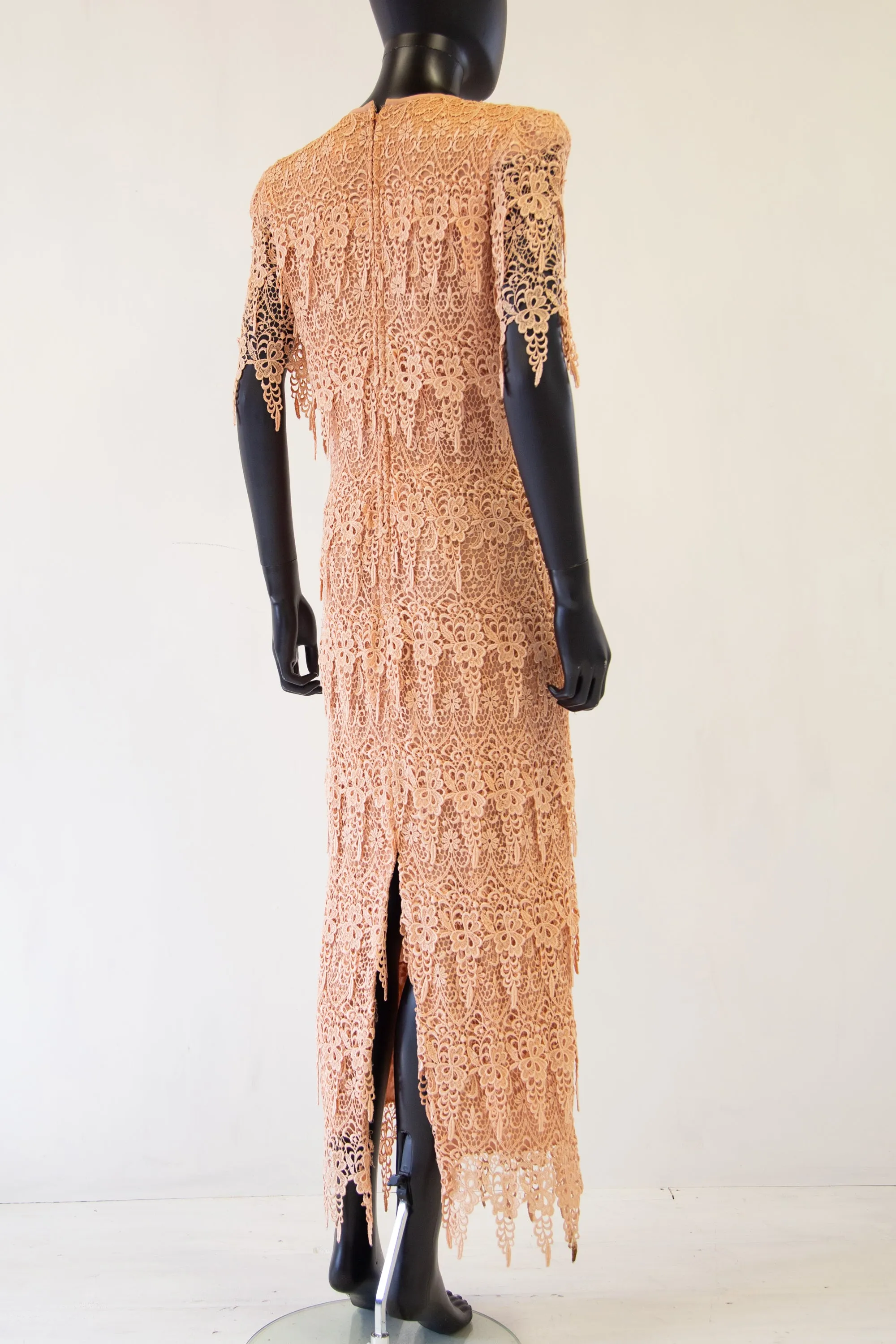 Vintage 1980s Peach Guipure Lace Tiered Maxi Dress