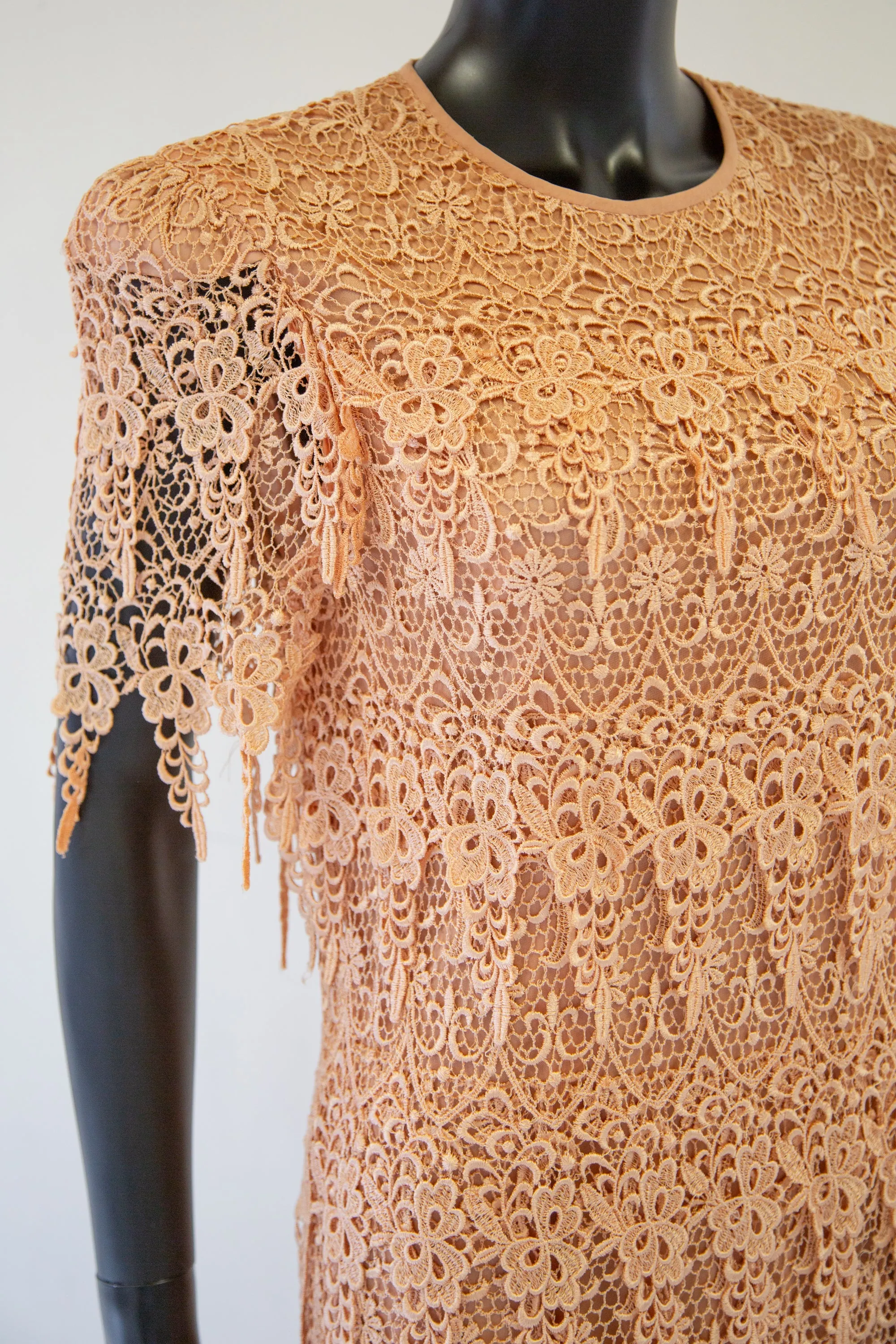 Vintage 1980s Peach Guipure Lace Tiered Maxi Dress