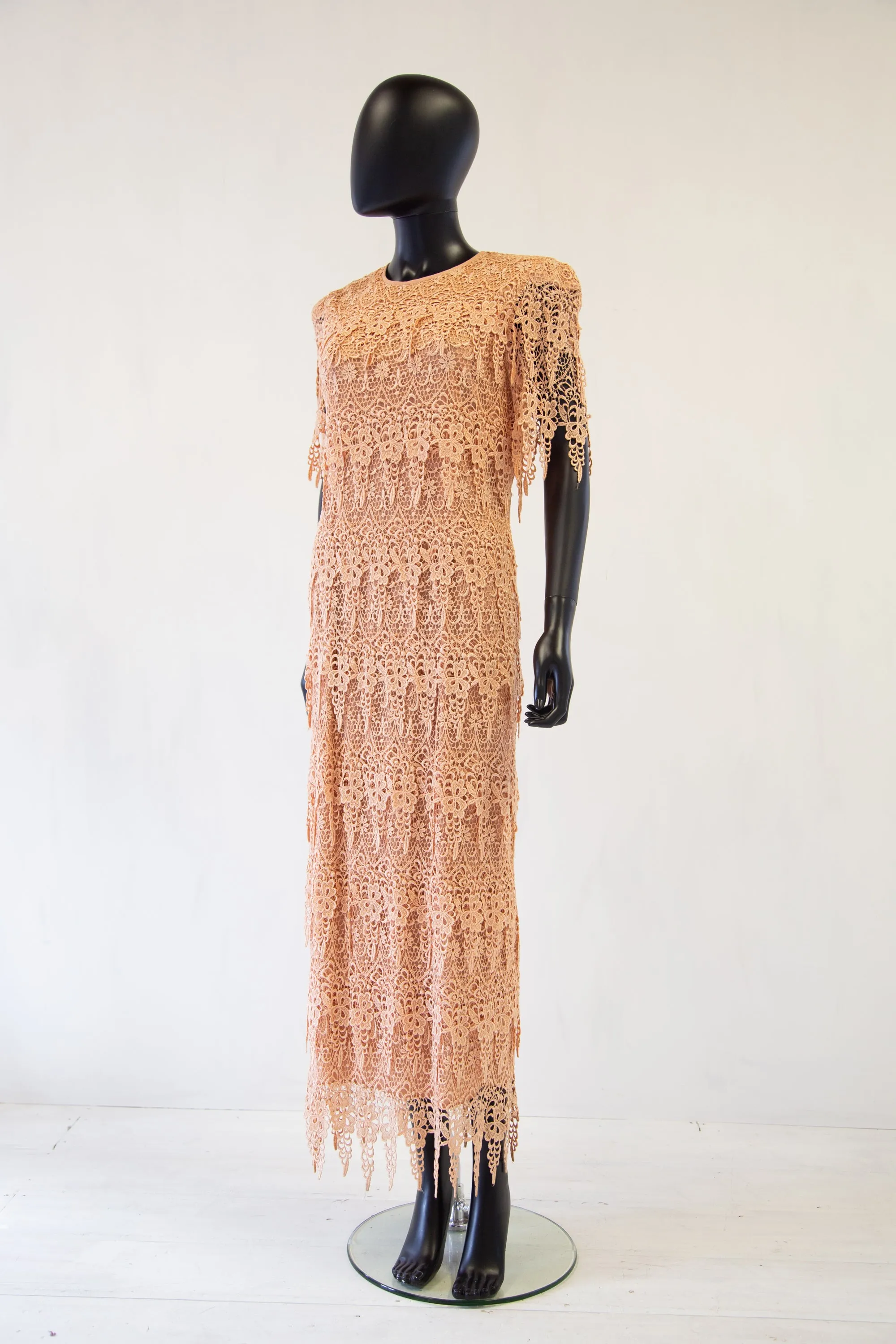 Vintage 1980s Peach Guipure Lace Tiered Maxi Dress