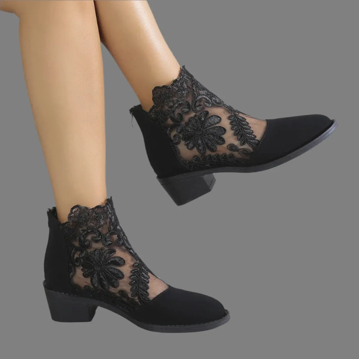 Women's Retro Embroidered Short Boots - Low Heel Lace-Up Spring/Summer Shoes for Elegant Style