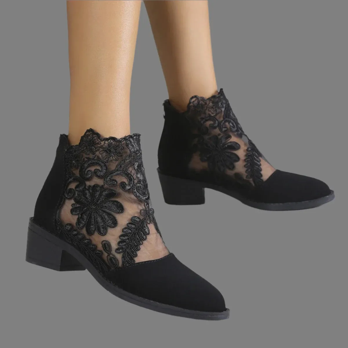 Women's Retro Embroidered Short Boots - Low Heel Lace-Up Spring/Summer Shoes for Elegant Style