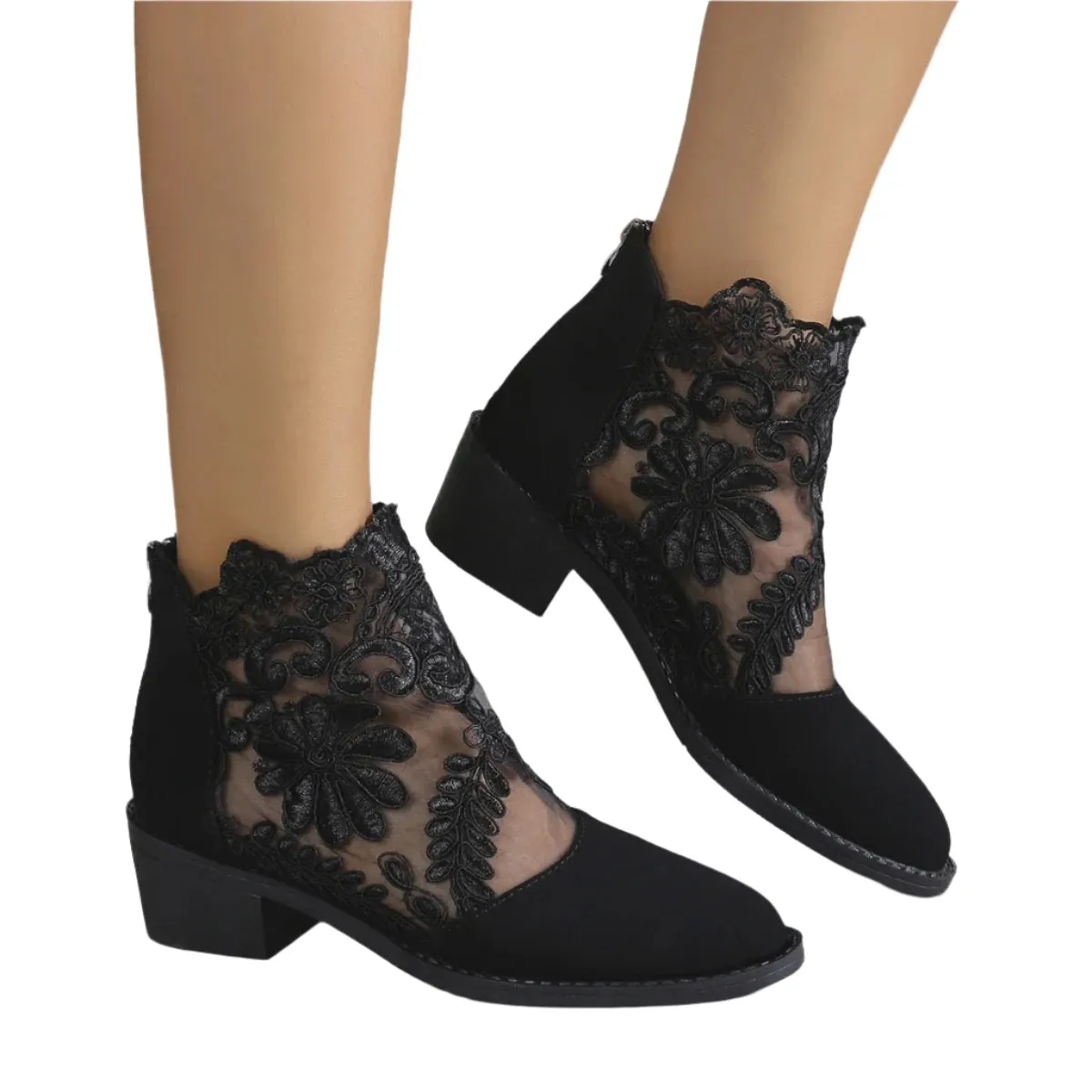 Women's Retro Embroidered Short Boots - Low Heel Lace-Up Spring/Summer Shoes for Elegant Style