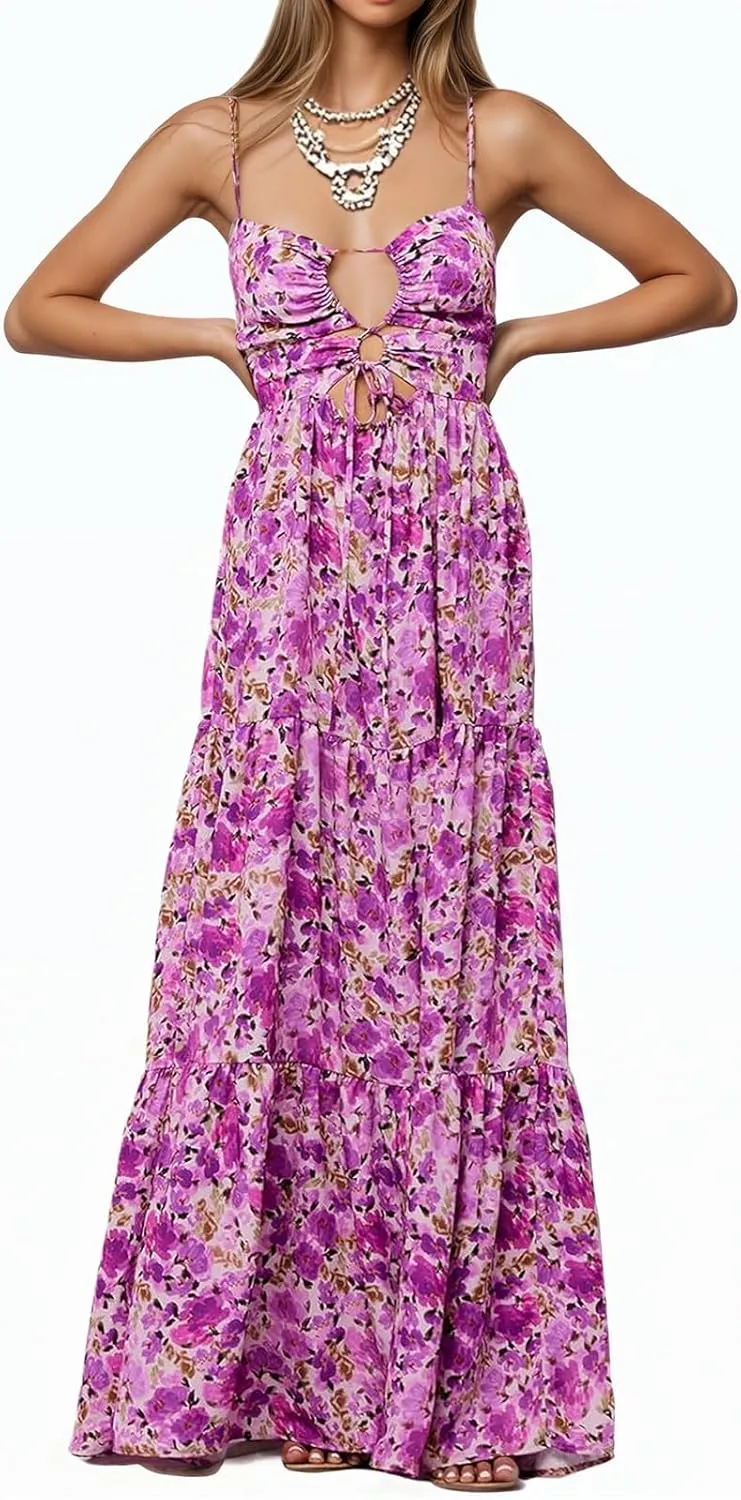 Womens Summer Floral Spaghetti Strap Backless Low Cut Smocked Flowy Maxi Dresses Beach Sundresses