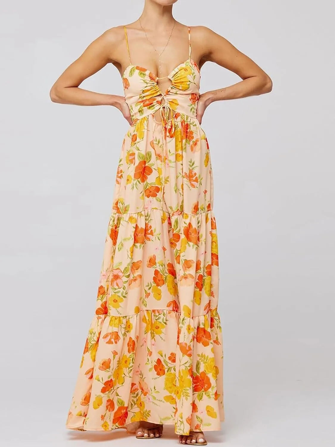 Womens Summer Floral Spaghetti Strap Backless Low Cut Smocked Flowy Maxi Dresses Beach Sundresses