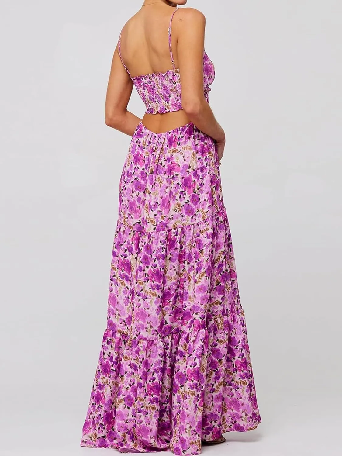 Womens Summer Floral Spaghetti Strap Backless Low Cut Smocked Flowy Maxi Dresses Beach Sundresses
