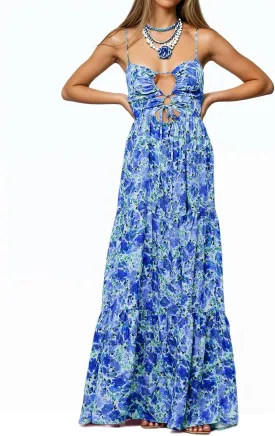 Womens Summer Floral Spaghetti Strap Backless Low Cut Smocked Flowy Maxi Dresses Beach Sundresses