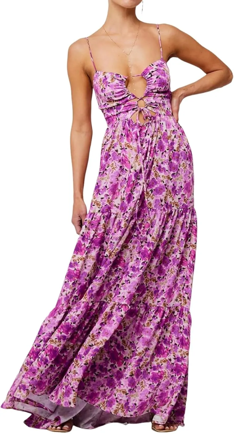 Womens Summer Floral Spaghetti Strap Backless Low Cut Smocked Flowy Maxi Dresses Beach Sundresses