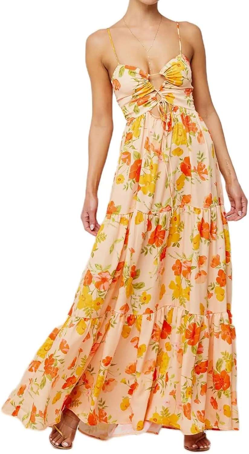 Womens Summer Floral Spaghetti Strap Backless Low Cut Smocked Flowy Maxi Dresses Beach Sundresses