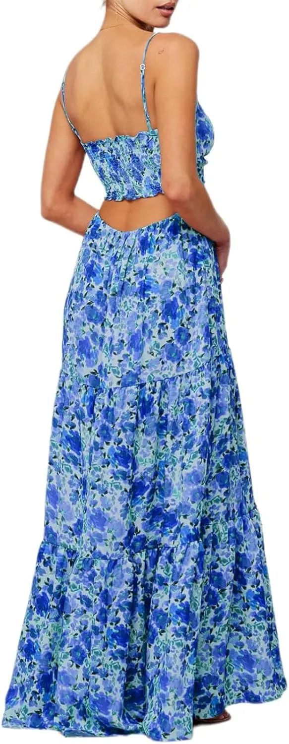 Womens Summer Floral Spaghetti Strap Backless Low Cut Smocked Flowy Maxi Dresses Beach Sundresses