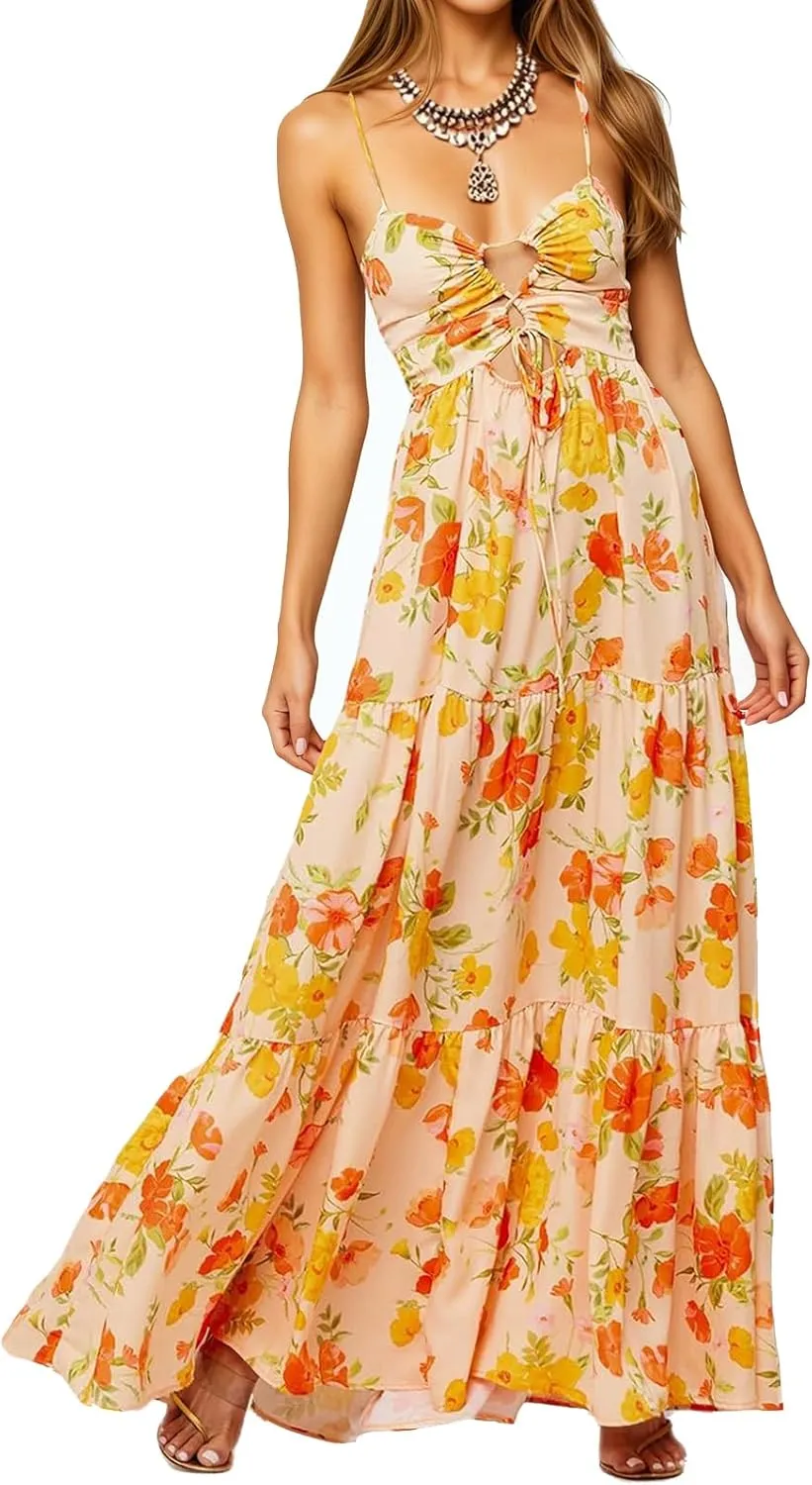 Womens Summer Floral Spaghetti Strap Backless Low Cut Smocked Flowy Maxi Dresses Beach Sundresses