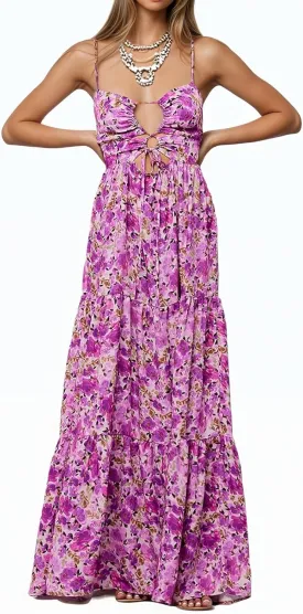 Womens Summer Floral Spaghetti Strap Backless Low Cut Smocked Flowy Maxi Dresses Beach Sundresses