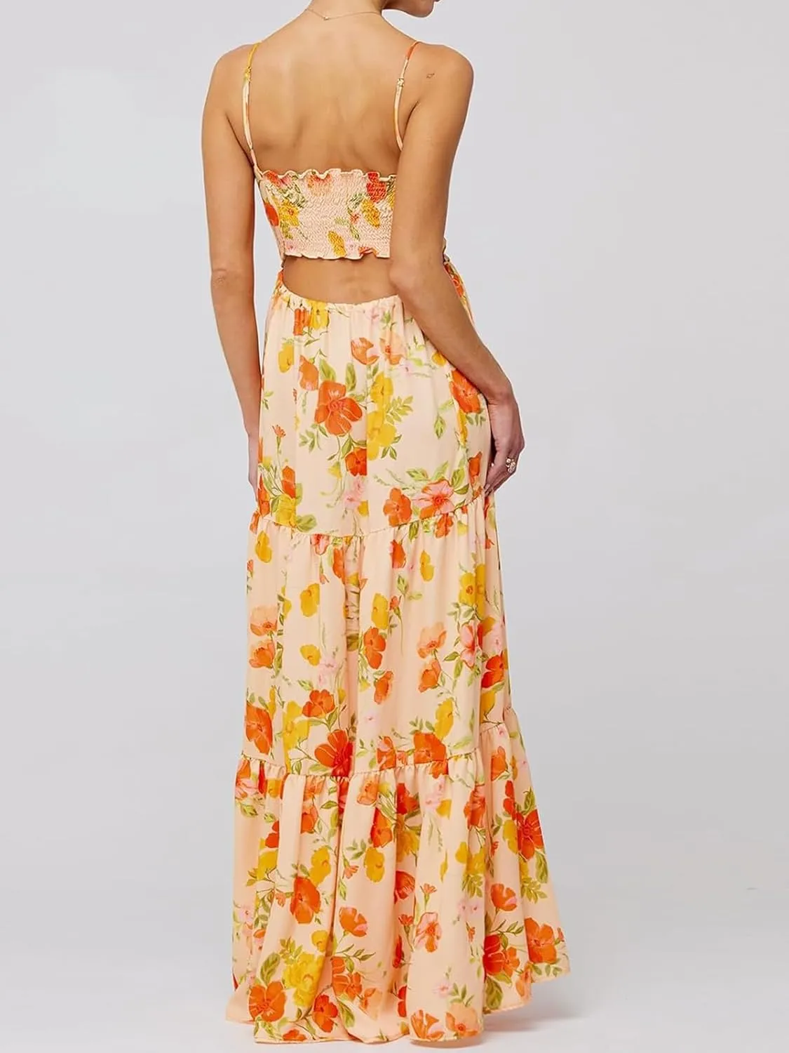 Womens Summer Floral Spaghetti Strap Backless Low Cut Smocked Flowy Maxi Dresses Beach Sundresses