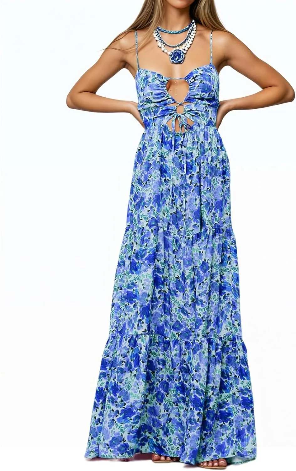 Womens Summer Floral Spaghetti Strap Backless Low Cut Smocked Flowy Maxi Dresses Beach Sundresses