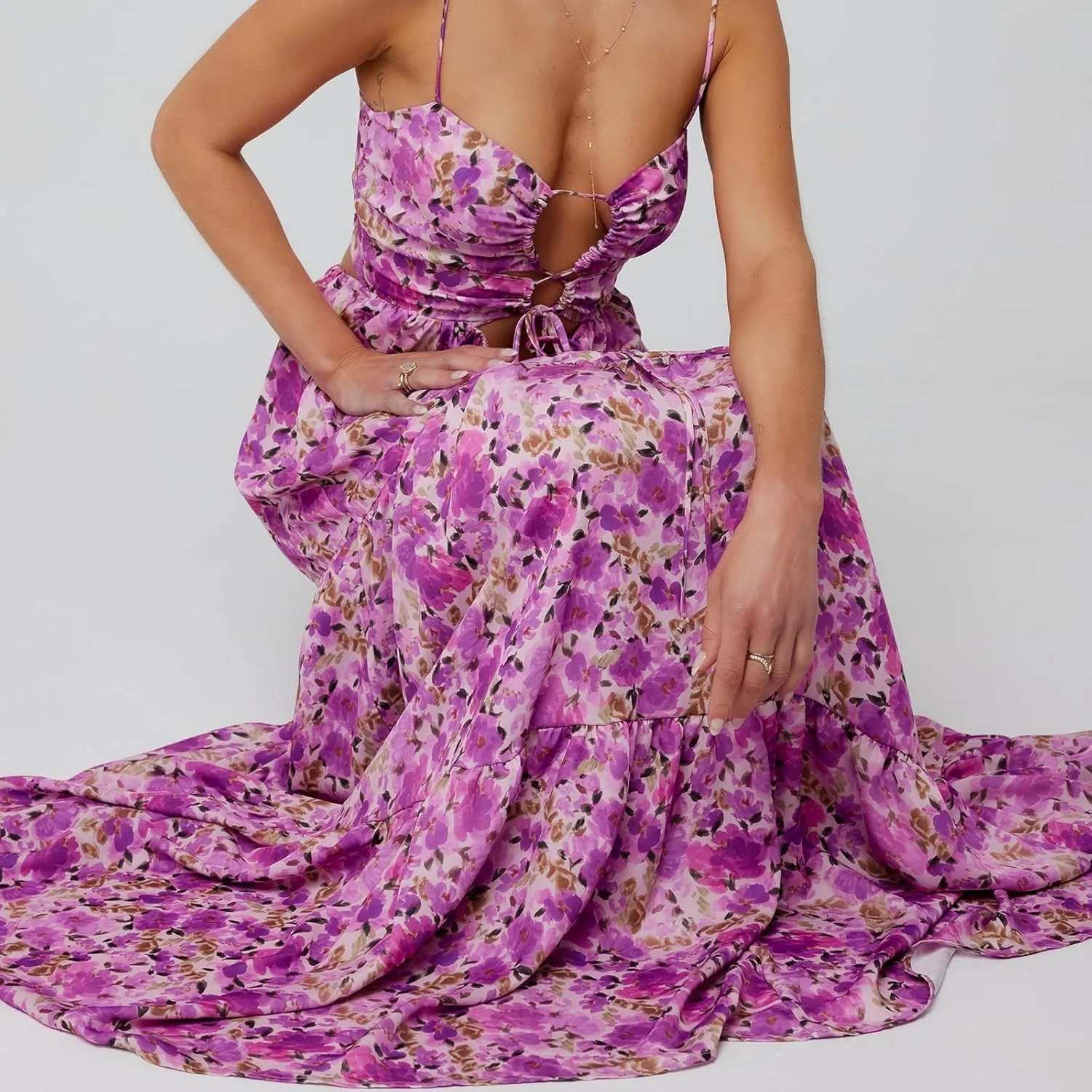 Womens Summer Floral Spaghetti Strap Backless Low Cut Smocked Flowy Maxi Dresses Beach Sundresses