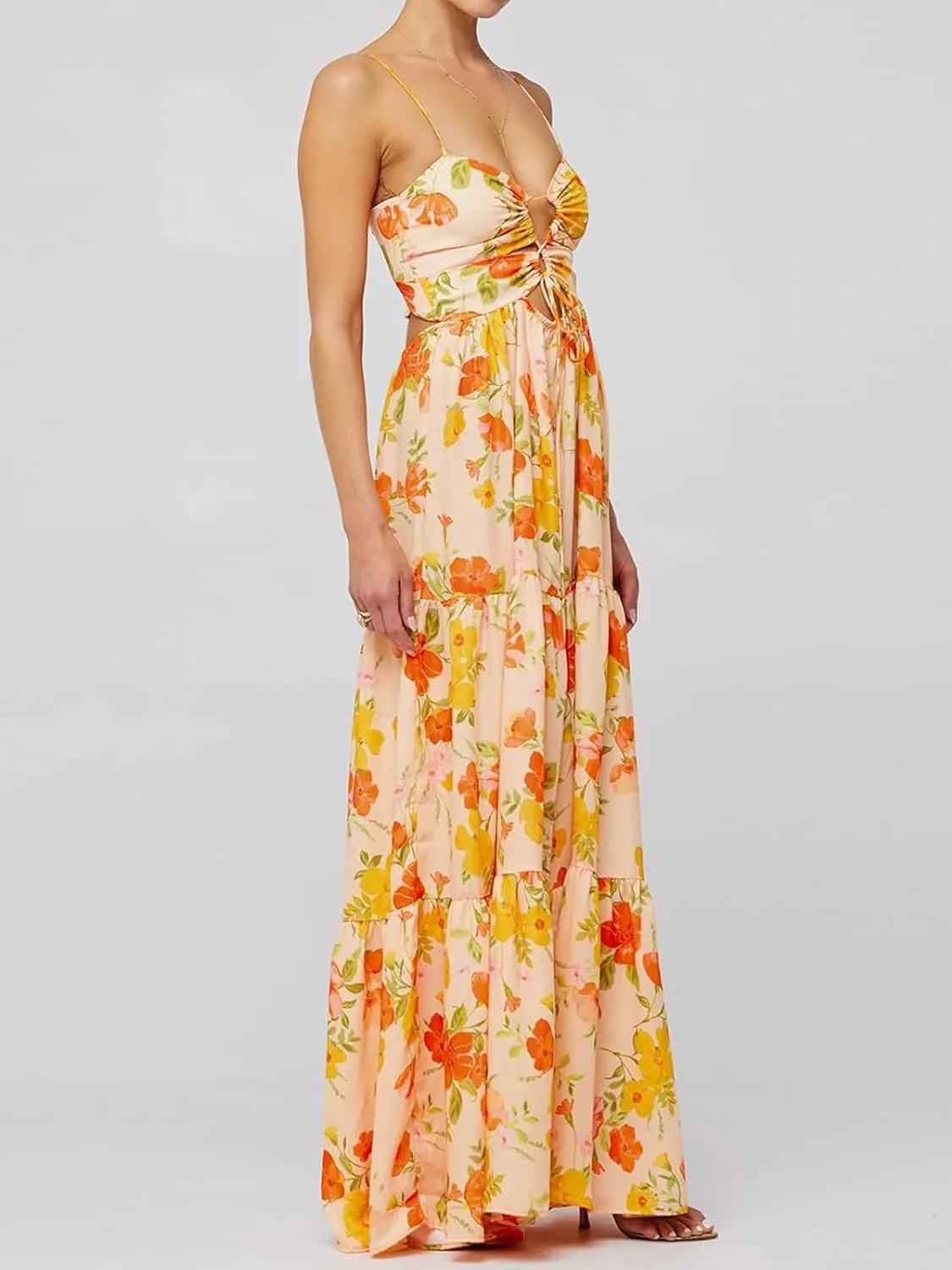 Womens Summer Floral Spaghetti Strap Backless Low Cut Smocked Flowy Maxi Dresses Beach Sundresses