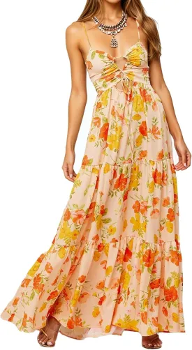 Womens Summer Floral Spaghetti Strap Backless Low Cut Smocked Flowy Maxi Dresses Beach Sundresses