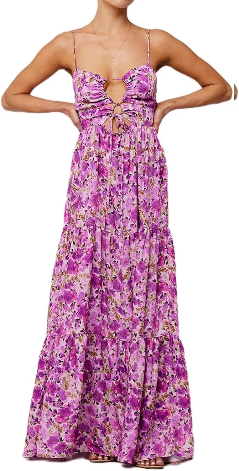 Womens Summer Floral Spaghetti Strap Backless Low Cut Smocked Flowy Maxi Dresses Beach Sundresses
