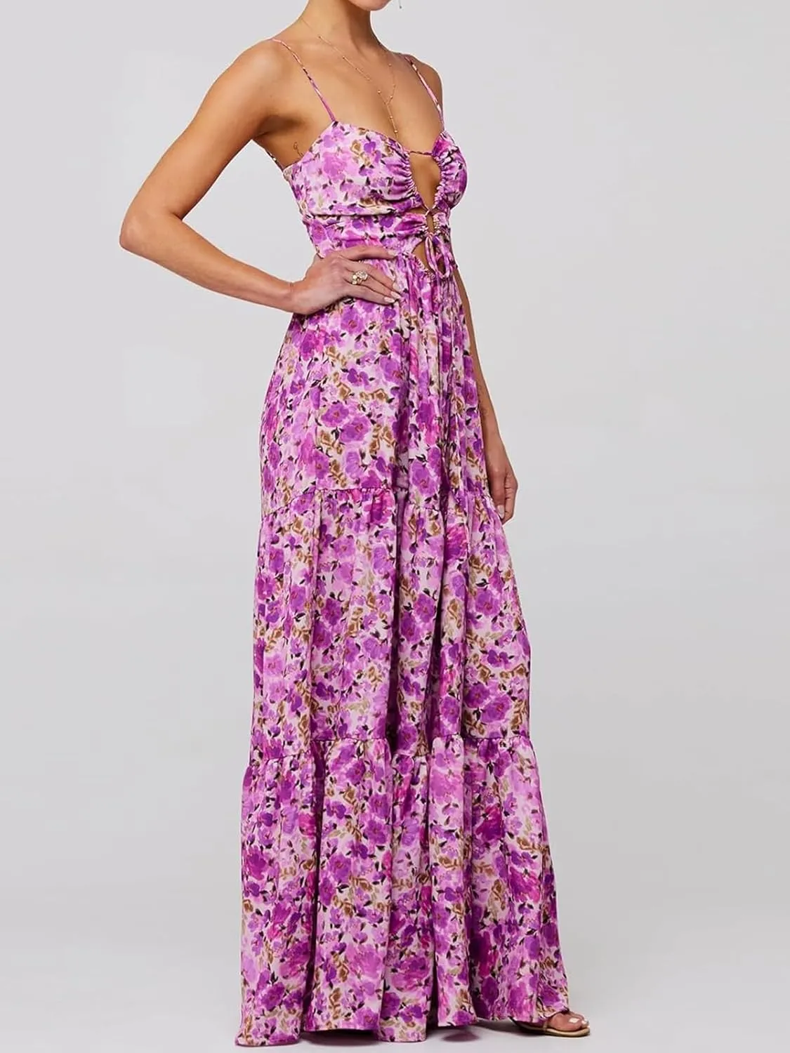 Womens Summer Floral Spaghetti Strap Backless Low Cut Smocked Flowy Maxi Dresses Beach Sundresses