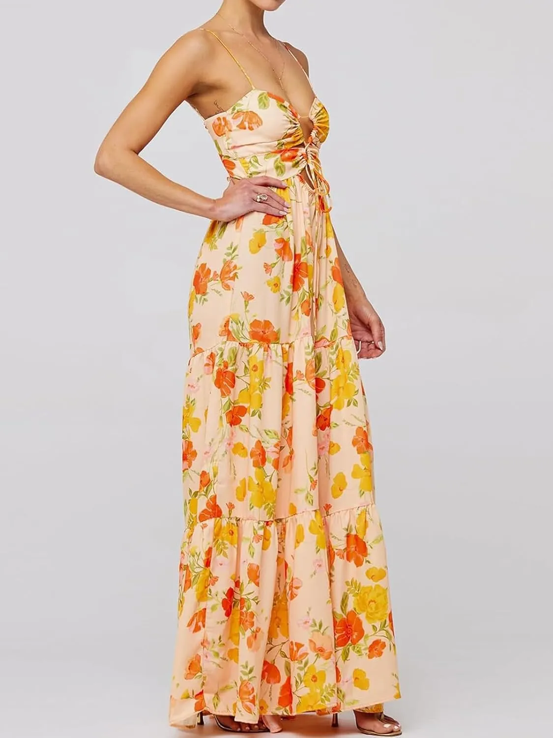 Womens Summer Floral Spaghetti Strap Backless Low Cut Smocked Flowy Maxi Dresses Beach Sundresses