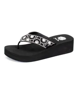 Yellow Box Power Black Clear Rhinestone Mid Wedge Slip On Thong Platform Sandals