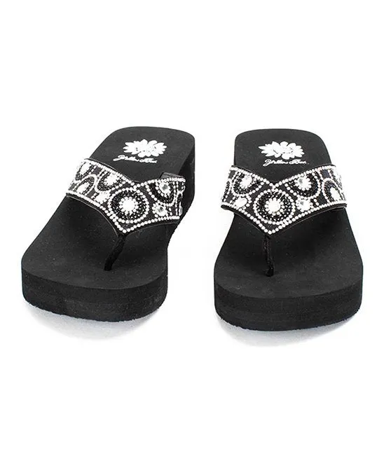 Yellow Box Power Black Clear Rhinestone Mid Wedge Slip On Thong Platform Sandals