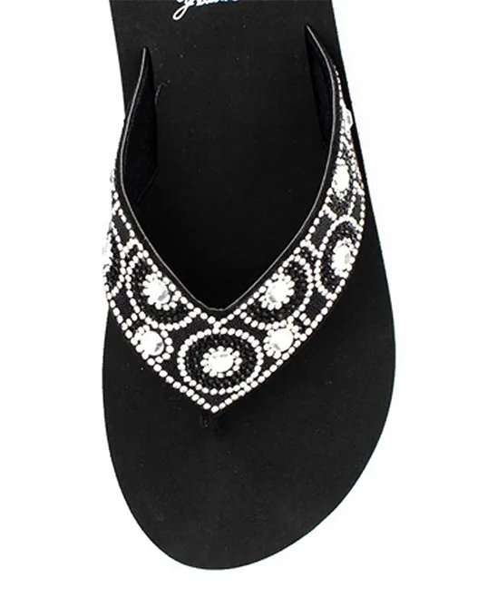 Yellow Box Power Black Clear Rhinestone Mid Wedge Slip On Thong Platform Sandals