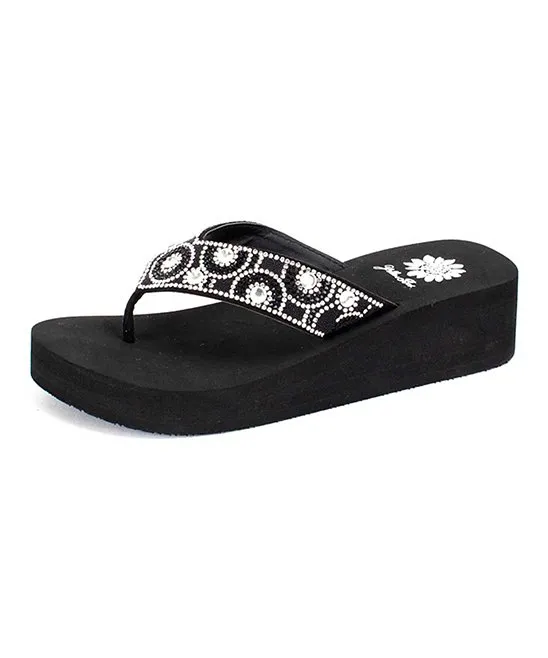 Yellow Box Power Black Clear Rhinestone Mid Wedge Slip On Thong Platform Sandals