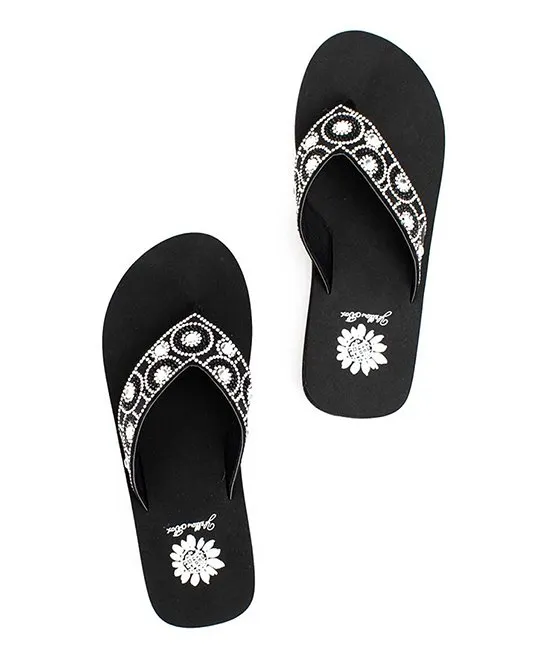 Yellow Box Power Black Clear Rhinestone Mid Wedge Slip On Thong Platform Sandals