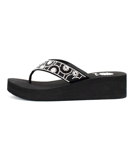 Yellow Box Power Black Clear Rhinestone Mid Wedge Slip On Thong Platform Sandals